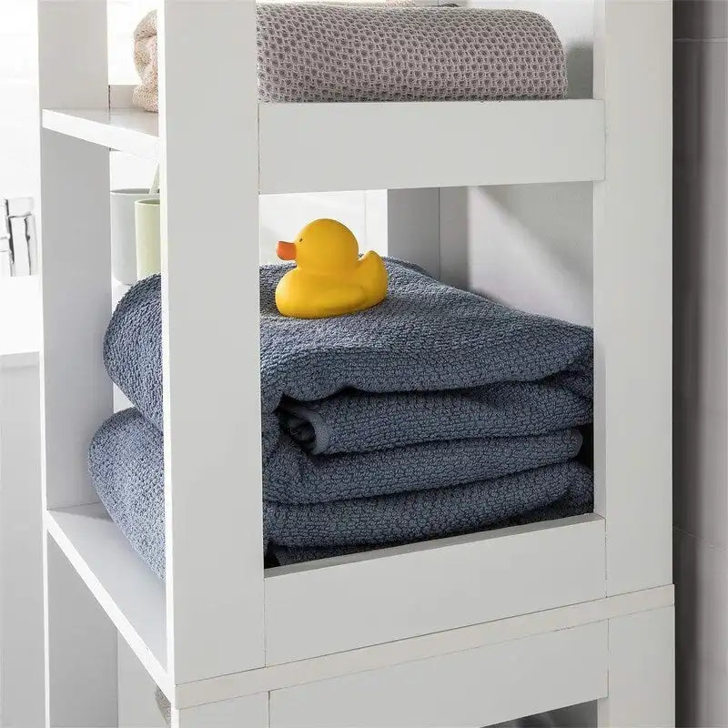 Meuble de rangement haut et étroit blanc avec tiroirs et étagères