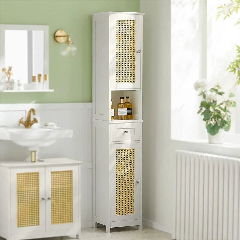 Meuble de rangement haut et étroit blanc avec tiroirs et étagères