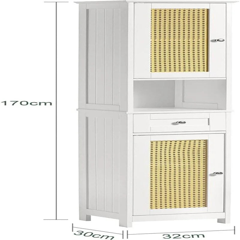 Meuble de rangement haut et étroit blanc avec tiroirs et étagères