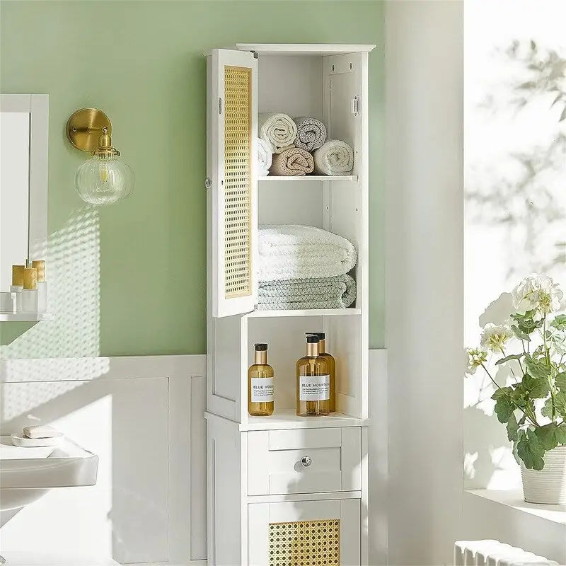 Meuble de rangement haut et étroit blanc avec tiroirs et étagères