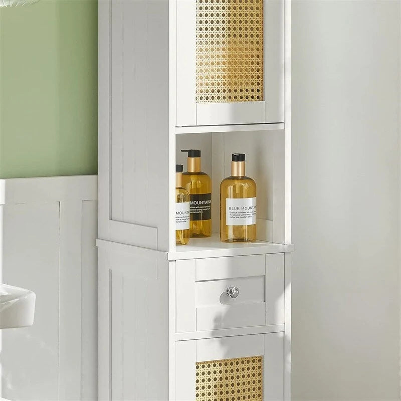 Meuble de rangement haut et étroit blanc avec tiroirs et étagères