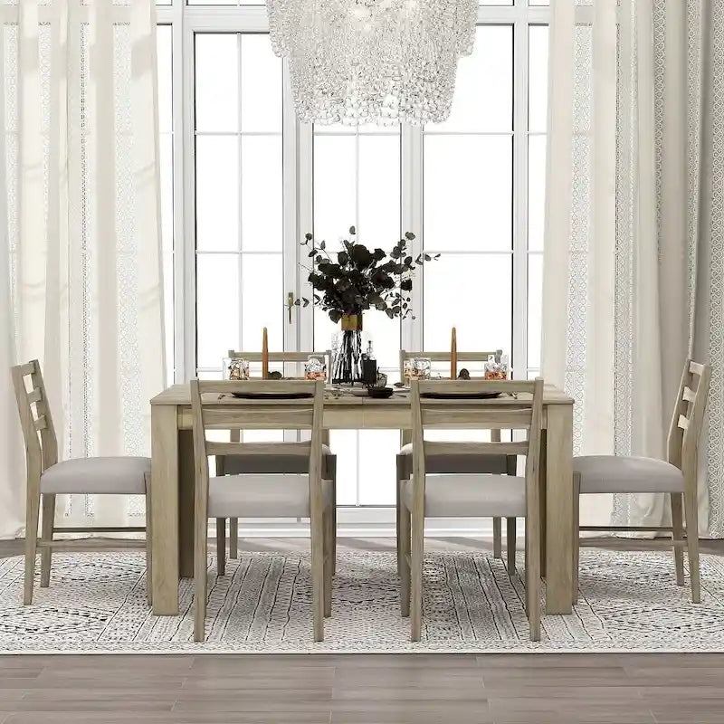 Ensemble de salle à manger extensible en bois naturel / marron+blanc, 6 à 8 places (7 pièces)
