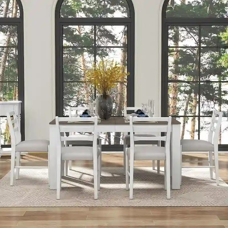 Ensemble de salle à manger extensible en bois naturel / marron+blanc, 6 à 8 places (7 pièces)
