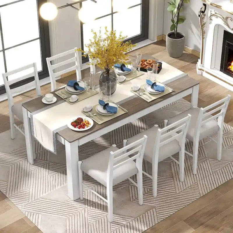 Ensemble de salle à manger extensible en bois naturel / marron+blanc, 6 à 8 places (7 pièces)