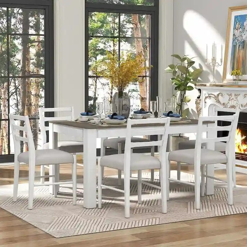 Ensemble de salle à manger extensible en bois naturel / marron+blanc, 6 à 8 places (7 pièces)