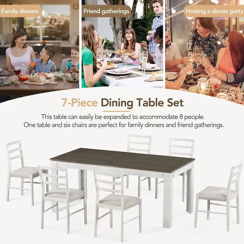 Ensemble de salle à manger extensible en bois naturel / marron+blanc, 6 à 8 places (7 pièces)