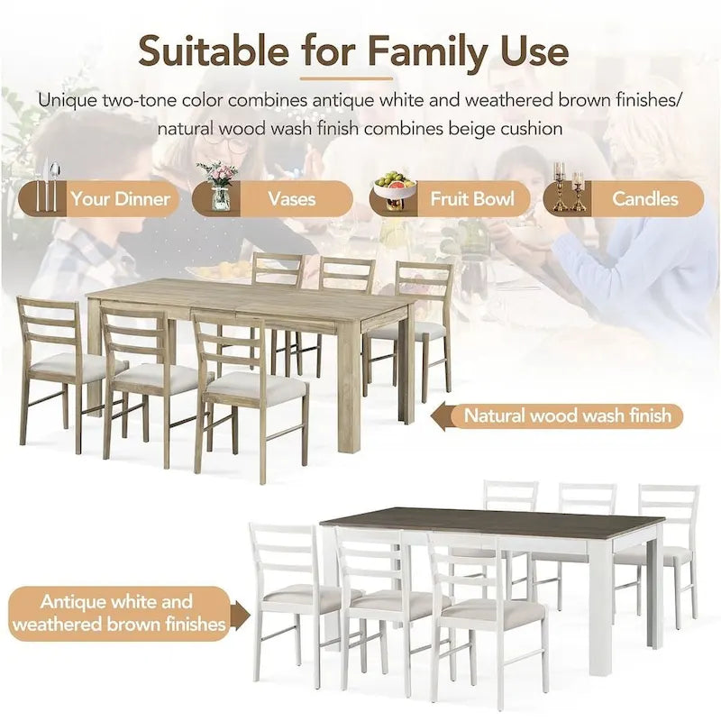 Ensemble de salle à manger extensible en bois naturel / marron+blanc, 6 à 8 places (7 pièces)