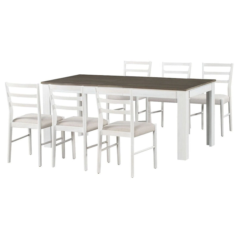 Ensemble de salle à manger extensible en bois naturel / marron+blanc, 6 à 8 places (7 pièces)