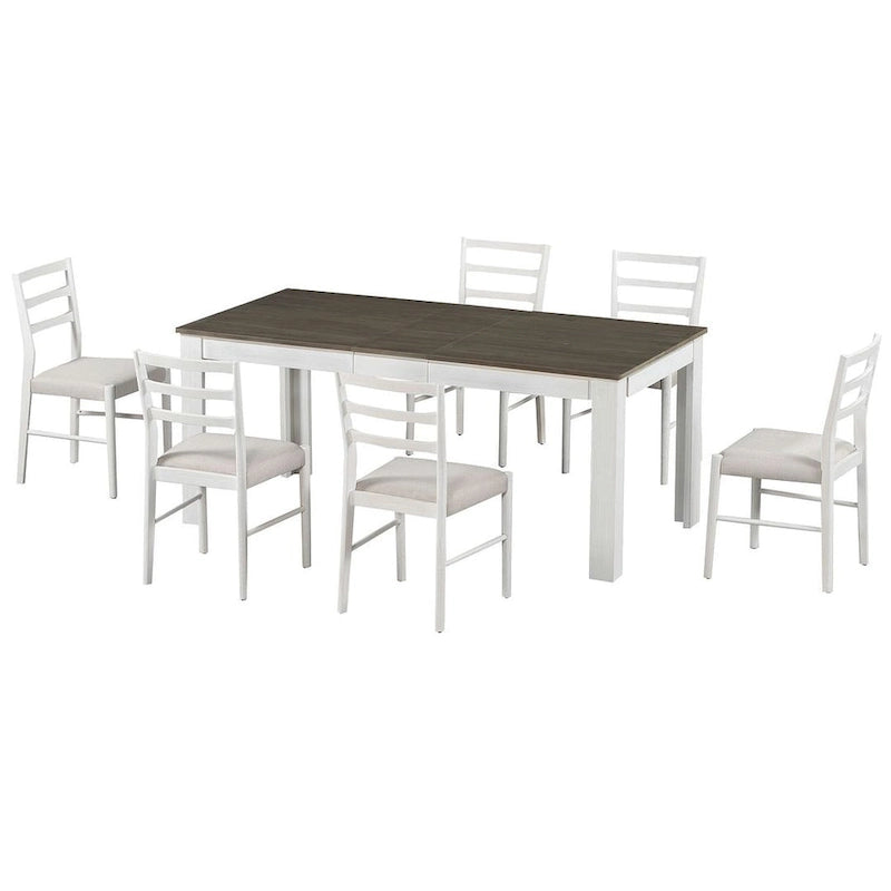 Ensemble de salle à manger extensible en bois naturel / marron+blanc, 6 à 8 places (7 pièces)