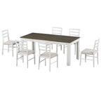Ensemble de salle à manger extensible en bois naturel / marron+blanc, 6 à 8 places (7 pièces)