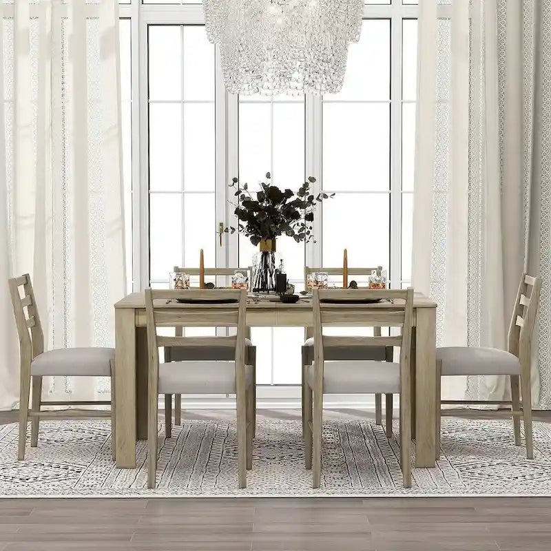 Ensemble de salle à manger extensible en bois naturel / marron+blanc, 6 à 8 places (7 pièces)