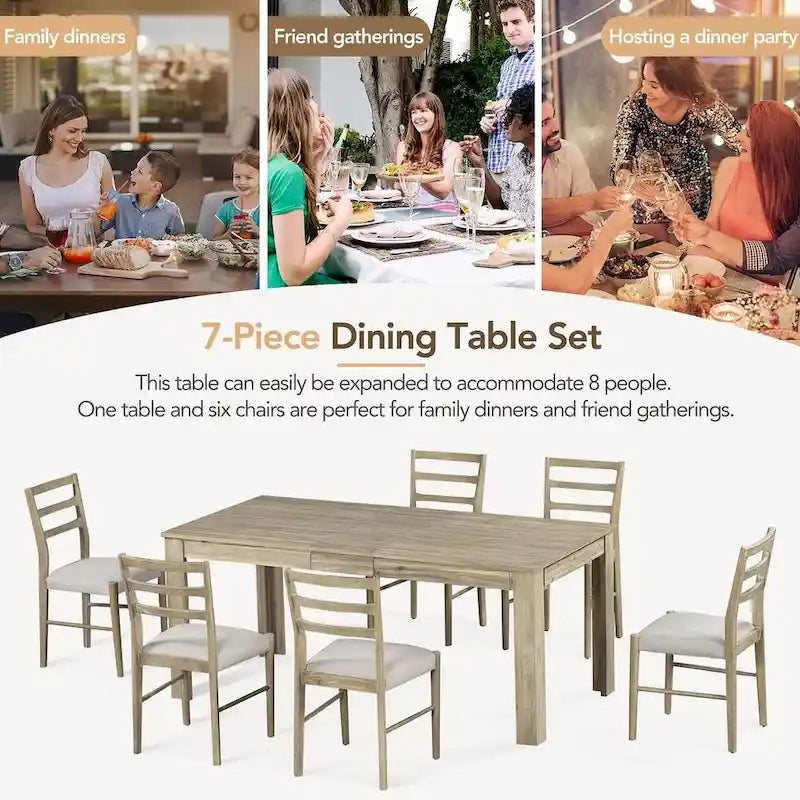 Ensemble de salle à manger extensible en bois naturel / marron+blanc, 6 à 8 places (7 pièces)