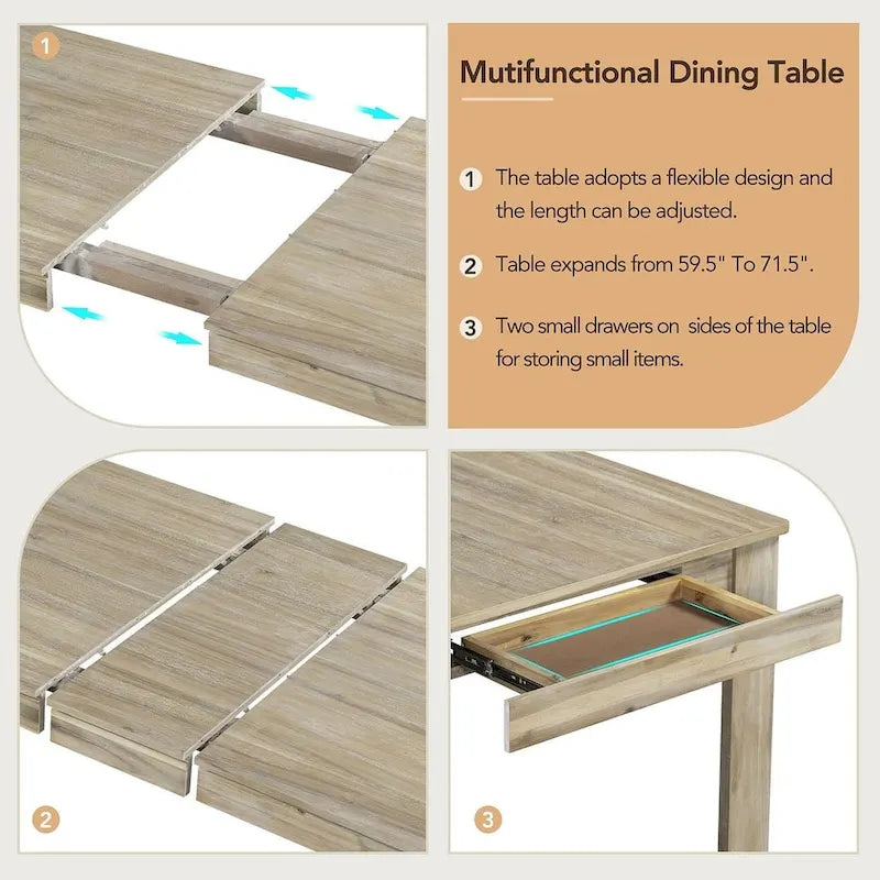 Ensemble de salle à manger extensible en bois naturel / marron+blanc, 6 à 8 places (7 pièces)