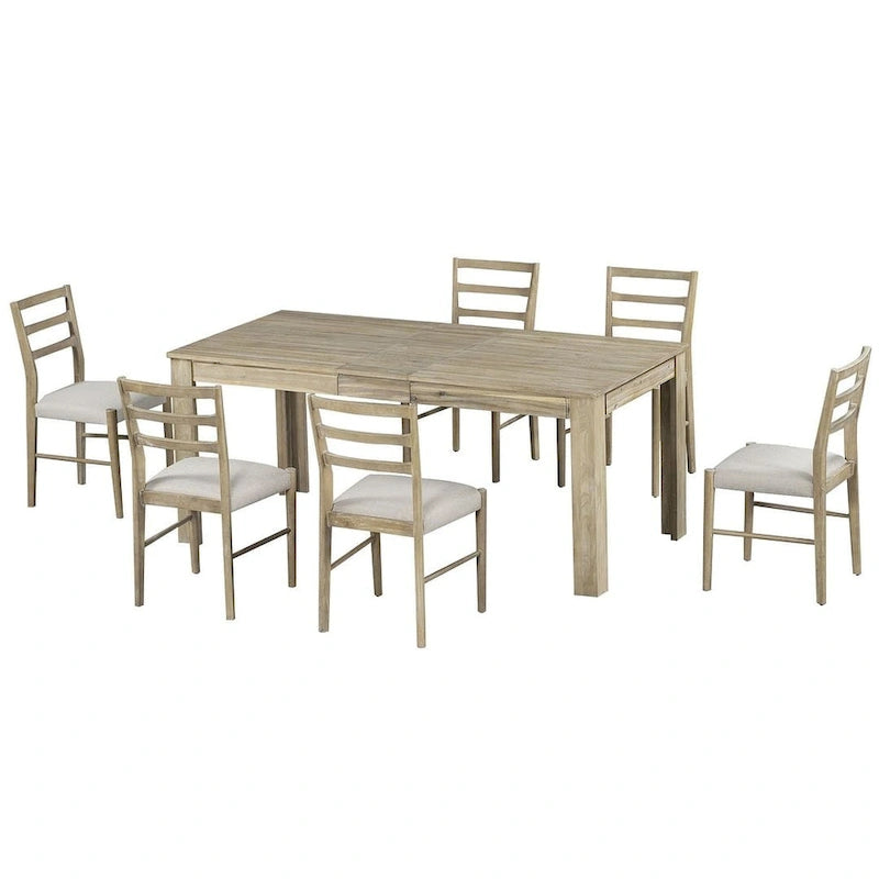 Ensemble de salle à manger extensible en bois naturel / marron+blanc, 6 à 8 places (7 pièces)