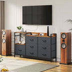 Commode à 7 tiroirs et console multimédia avec station de recharge – Gris/Noir, 1 personne