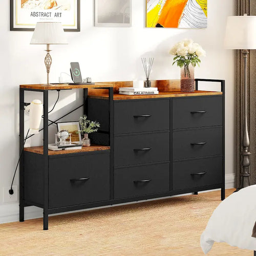 Commode à 7 tiroirs et console multimédia avec station de recharge – Gris/Noir, 1 personne