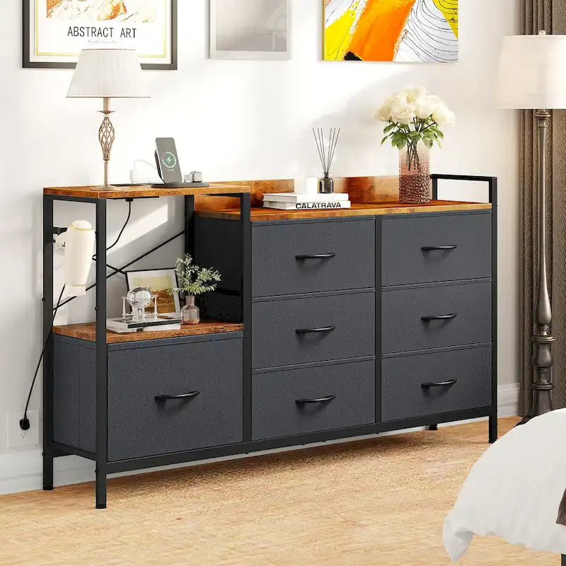 Commode à 7 tiroirs et console multimédia avec station de recharge – Gris/Noir, 1 personne