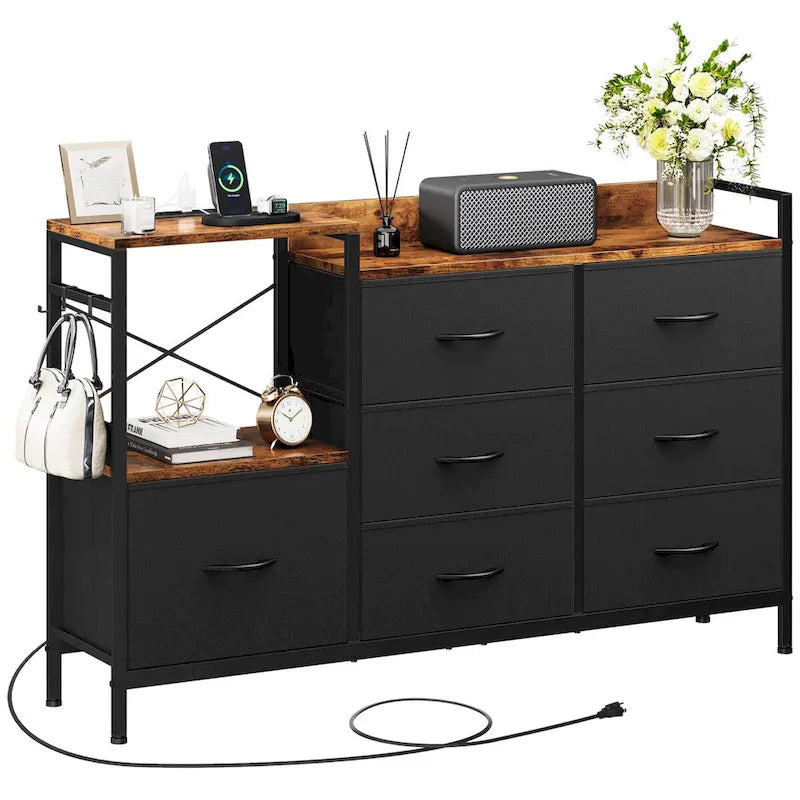 Commode à 7 tiroirs et console multimédia avec station de recharge – Gris/Noir, 1 personne