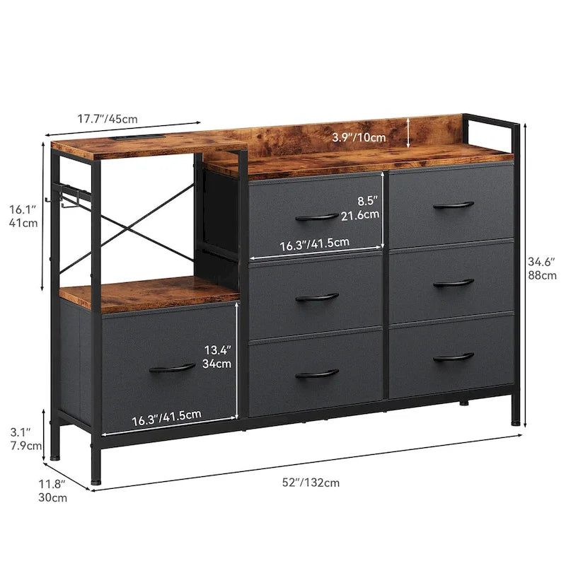 Commode à 7 tiroirs et console multimédia avec station de recharge – Gris/Noir, 1 personne