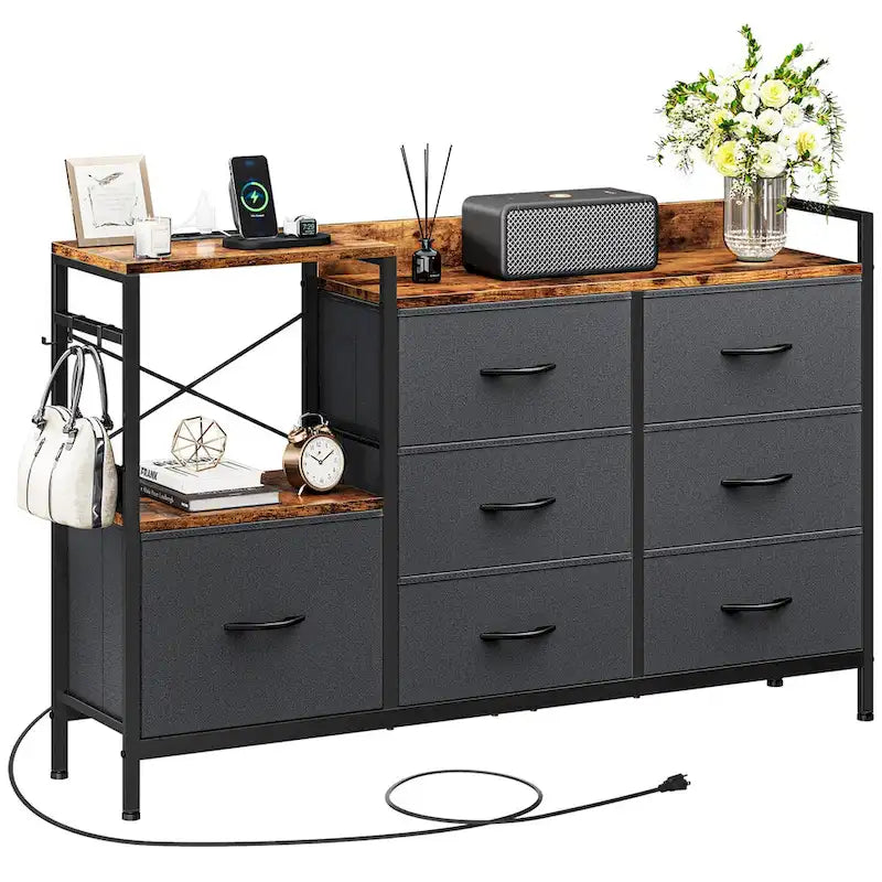 Commode à 7 tiroirs et console multimédia avec station de recharge – Gris/Noir, 1 personne