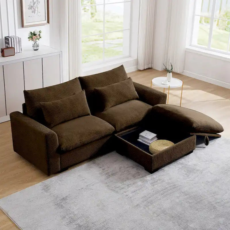 Canapé modulable en velours côtelé bleu / marron / vert avec pouf de rangement, pour 2 à 4 personnes