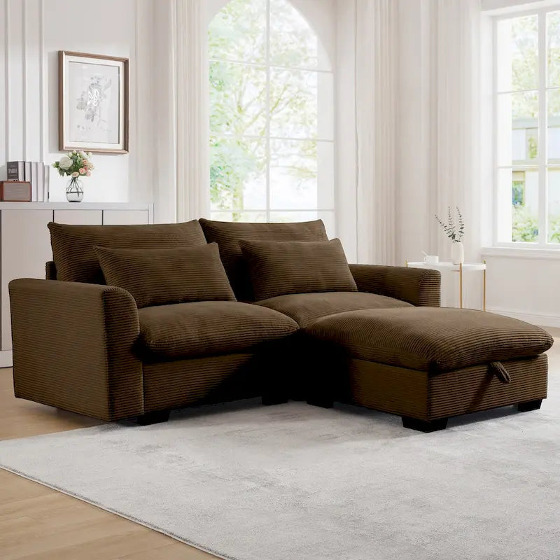 Canapé modulable en velours côtelé bleu / marron / vert avec pouf de rangement, pour 2 à 4 personnes