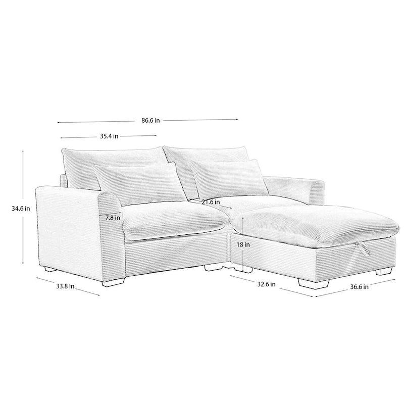 Canapé modulable en velours côtelé bleu / marron / vert avec pouf de rangement, pour 2 à 4 personnes
