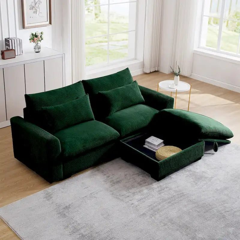 Canapé modulable en velours côtelé bleu / marron / vert avec pouf de rangement, pour 2 à 4 personnes