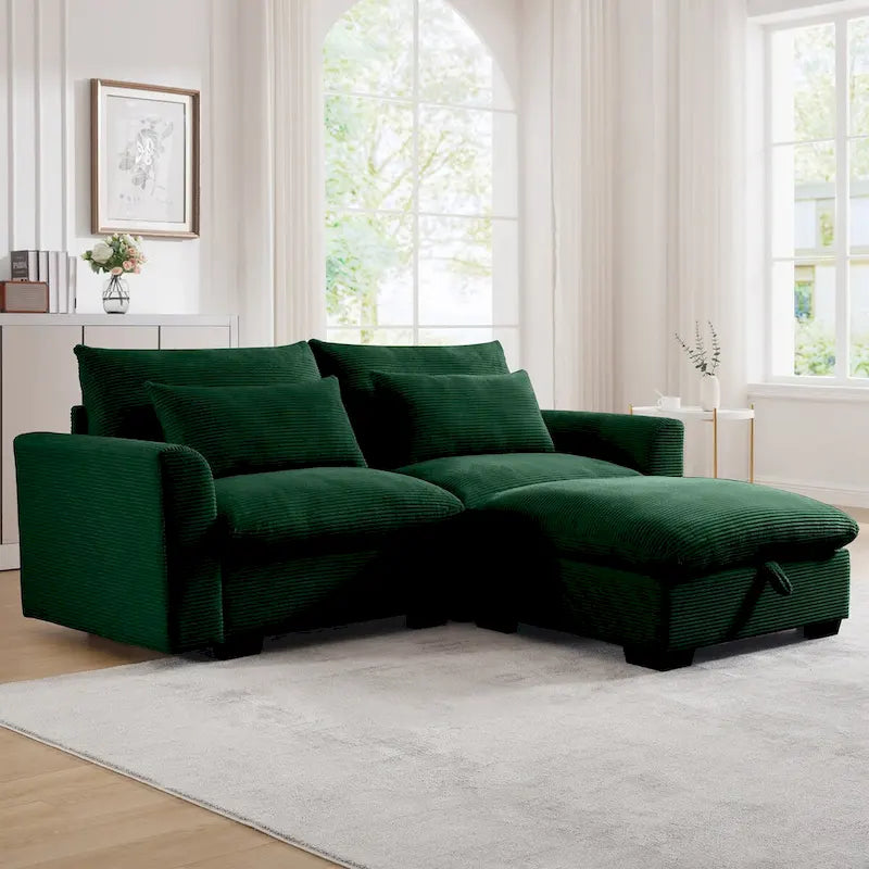 Canapé modulable en velours côtelé bleu / marron / vert avec pouf de rangement, pour 2 à 4 personnes