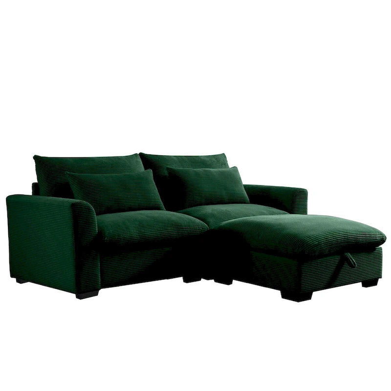 Canapé modulable en velours côtelé bleu / marron / vert avec pouf de rangement, pour 2 à 4 personnes