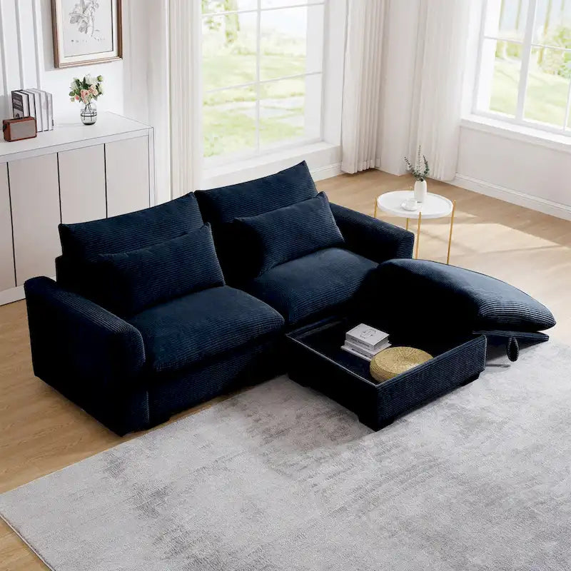 Canapé modulable en velours côtelé bleu / marron / vert avec pouf de rangement, pour 2 à 4 personnes