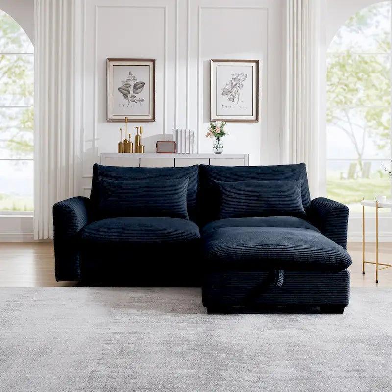 Canapé modulable en velours côtelé bleu / marron / vert avec pouf de rangement, pour 2 à 4 personnes