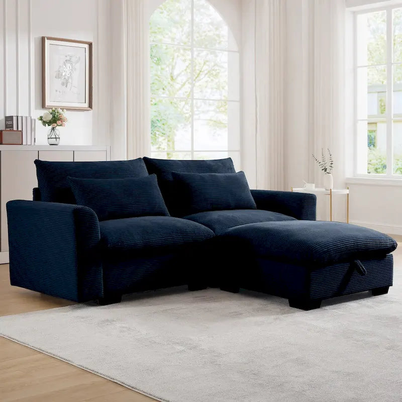 Canapé modulable en velours côtelé bleu / marron / vert avec pouf de rangement, pour 2 à 4 personnes