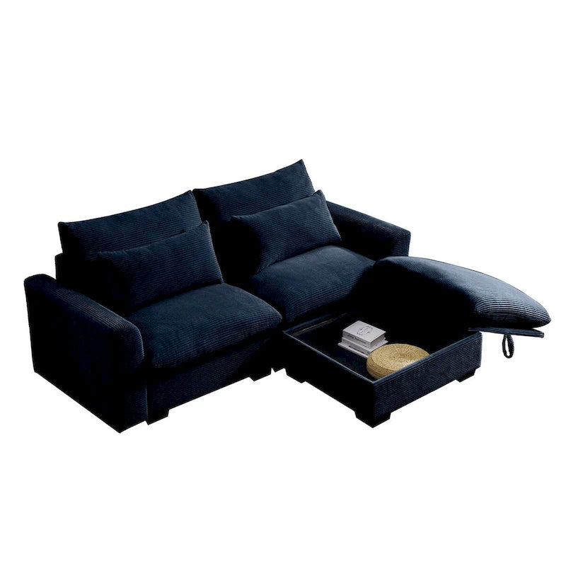 Canapé modulable en velours côtelé bleu / marron / vert avec pouf de rangement, pour 2 à 4 personnes