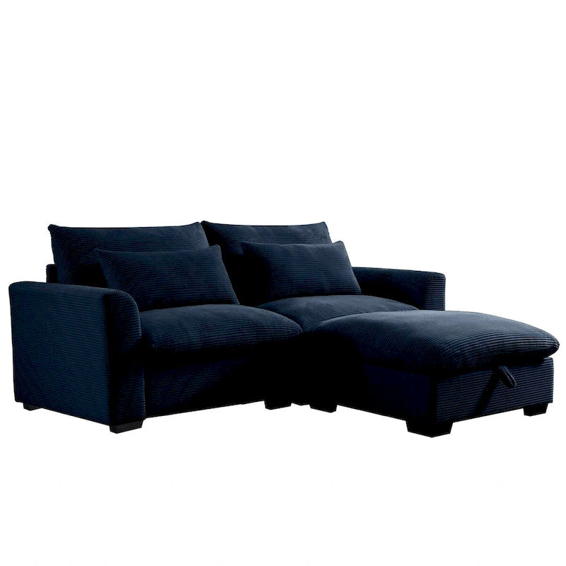 Canapé modulable en velours côtelé bleu / marron / vert avec pouf de rangement, pour 2 à 4 personnes