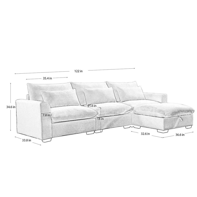 Canapé modulable en velours côtelé bleu / marron / vert avec pouf de rangement, pour 2 à 4 personnes