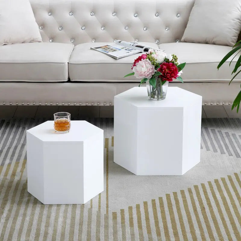 Ensemble de 2 tables basses et d'appoint gigognes, blanc/noir