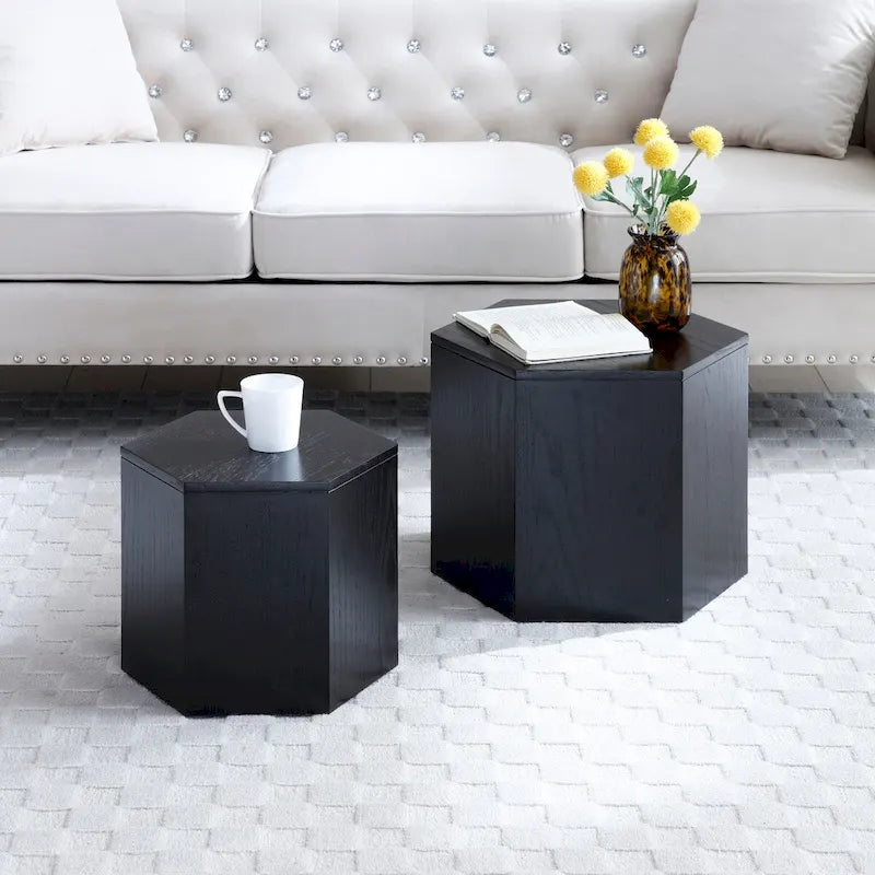 Ensemble de 2 tables basses et d'appoint gigognes, blanc/noir