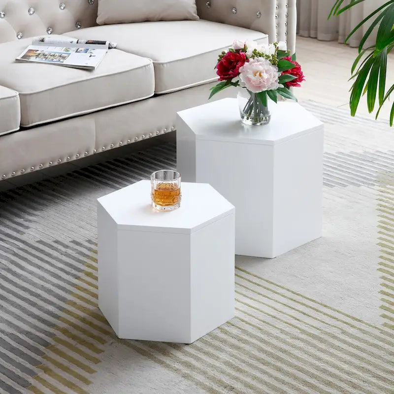 Ensemble de 2 tables basses et d'appoint gigognes, blanc/noir