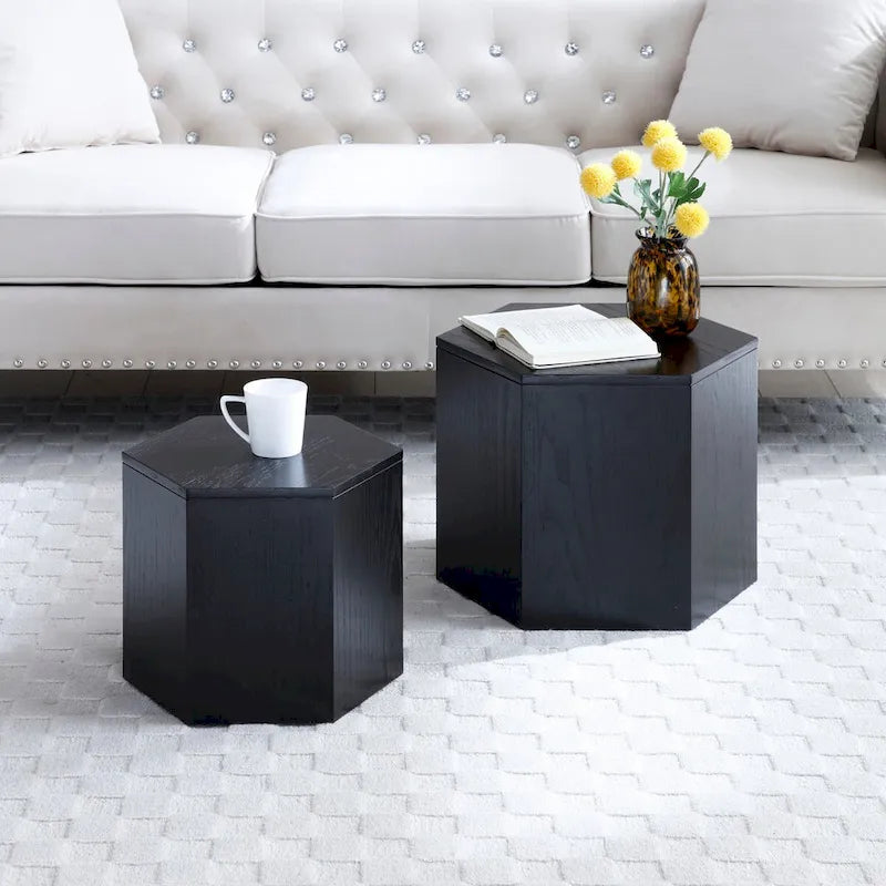 Ensemble de 2 tables basses et d'appoint gigognes, blanc/noir