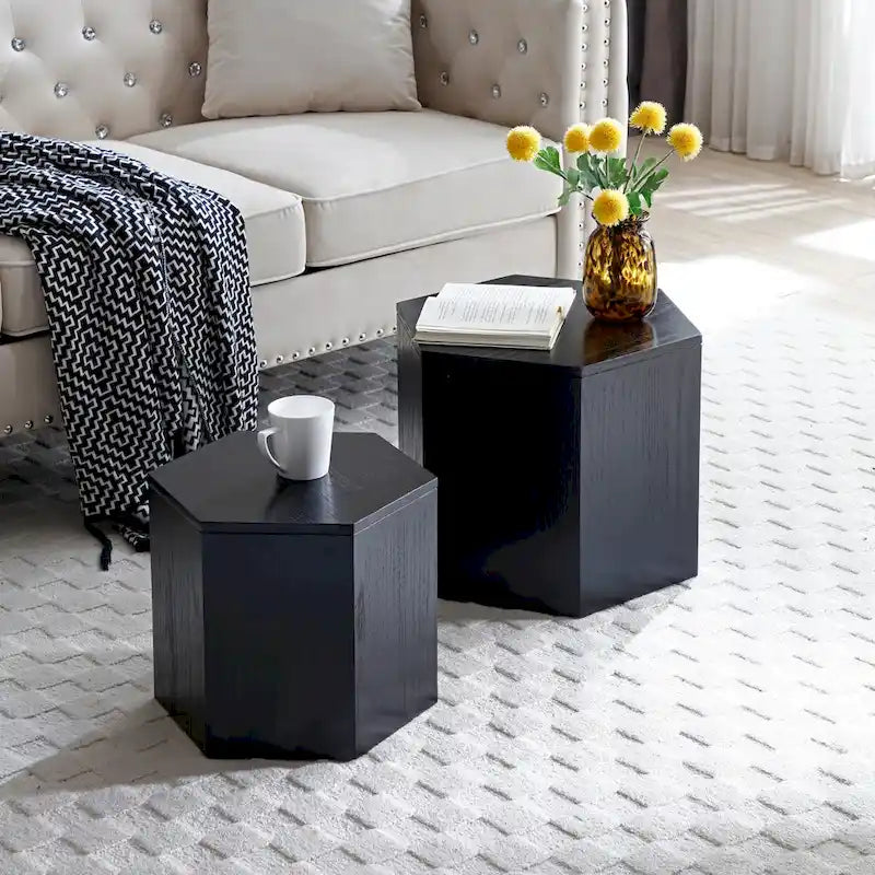 Ensemble de 2 tables basses et d'appoint gigognes, blanc/noir