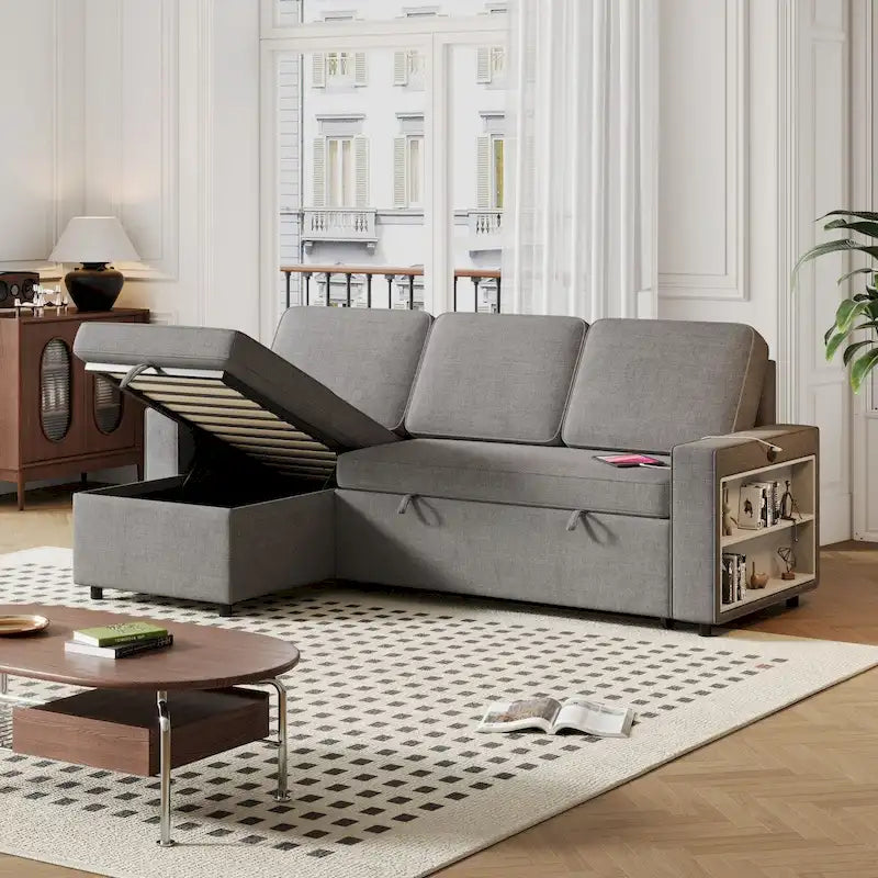 Canapé-lit d'angle escamotable de 217,9 cm avec rangement et port USB, noir/beige/gris, 3-4 places