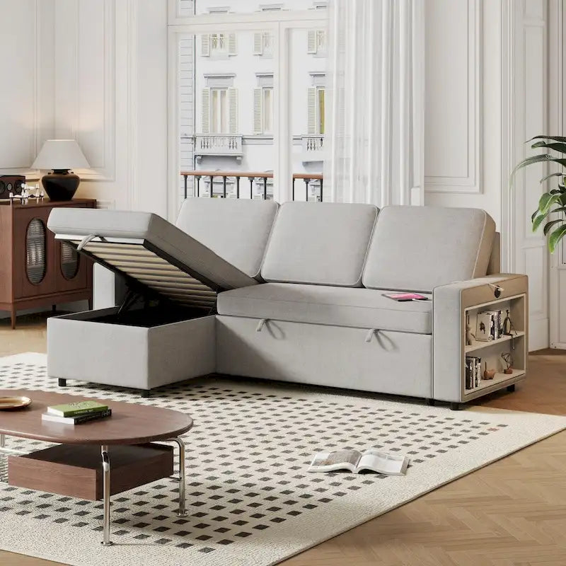 Canapé-lit d'angle escamotable de 217,9 cm avec rangement et port USB, noir/beige/gris, 3-4 places