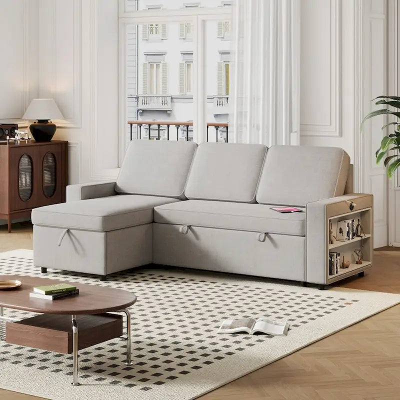 Canapé-lit d'angle escamotable de 217,9 cm avec rangement et port USB, noir/beige/gris, 3-4 places