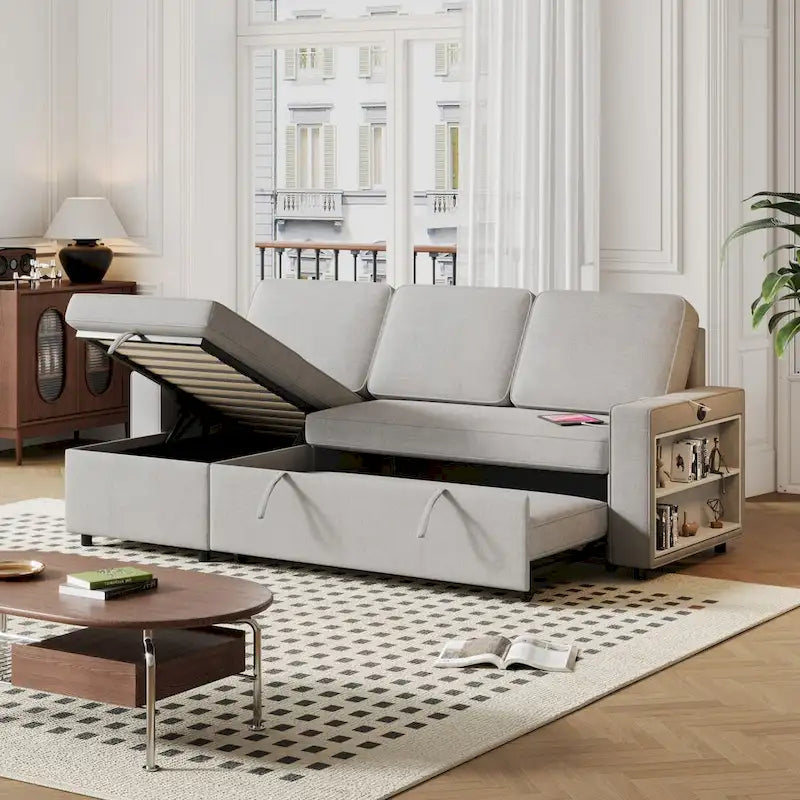 Canapé-lit d'angle escamotable de 217,9 cm avec rangement et port USB, noir/beige/gris, 3-4 places