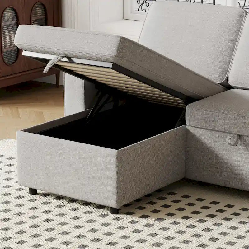 Canapé-lit d'angle escamotable de 217,9 cm avec rangement et port USB, noir/beige/gris, 3-4 places