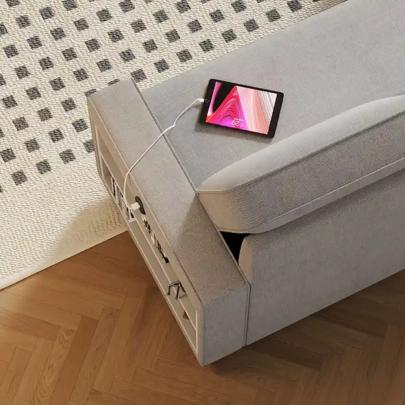 Canapé-lit d'angle escamotable de 217,9 cm avec rangement et port USB, noir/beige/gris, 3-4 places