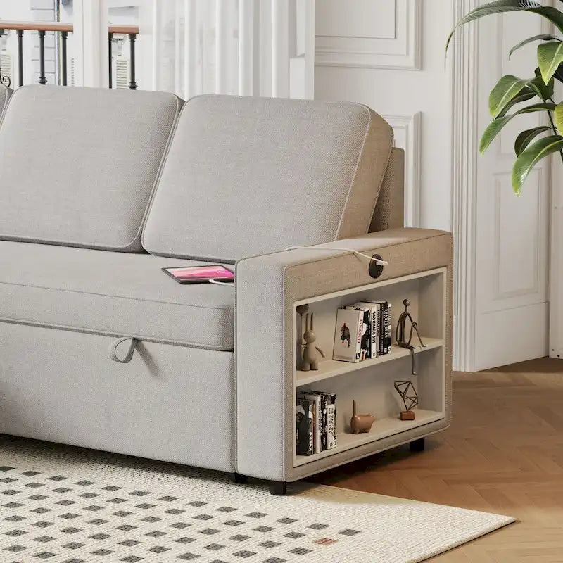 Canapé-lit d'angle escamotable de 217,9 cm avec rangement et port USB, noir/beige/gris, 3-4 places