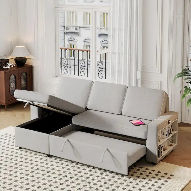 Canapé-lit d'angle escamotable de 217,9 cm avec rangement et port USB, noir/beige/gris, 3-4 places
