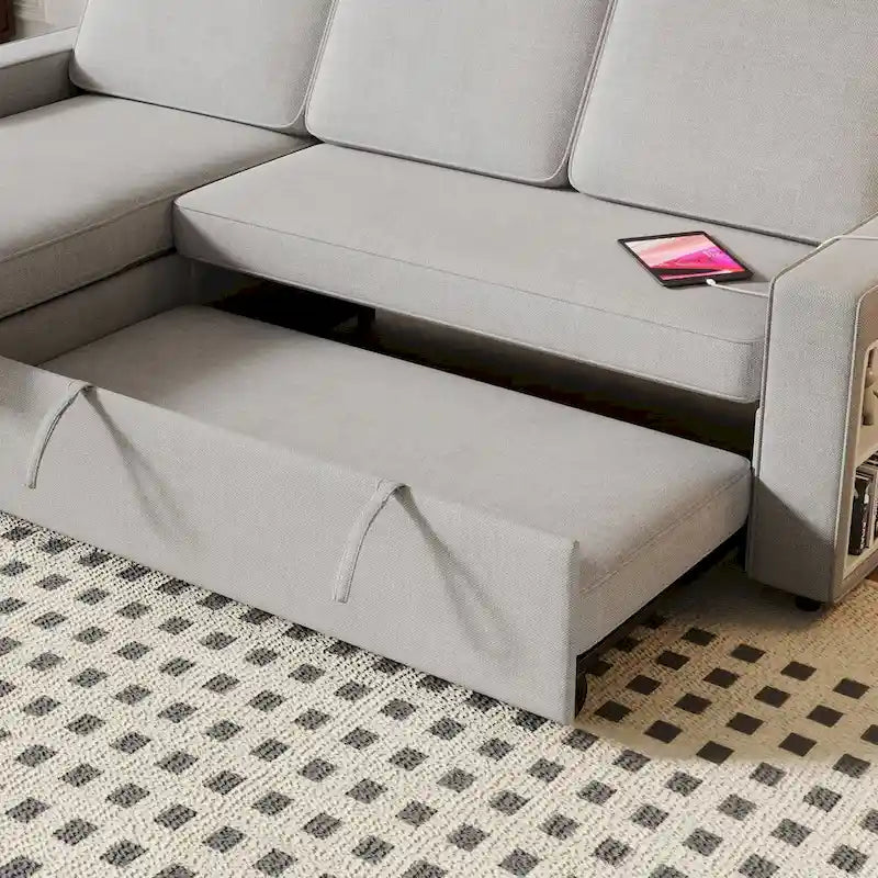 Canapé-lit d'angle escamotable de 217,9 cm avec rangement et port USB, noir/beige/gris, 3-4 places